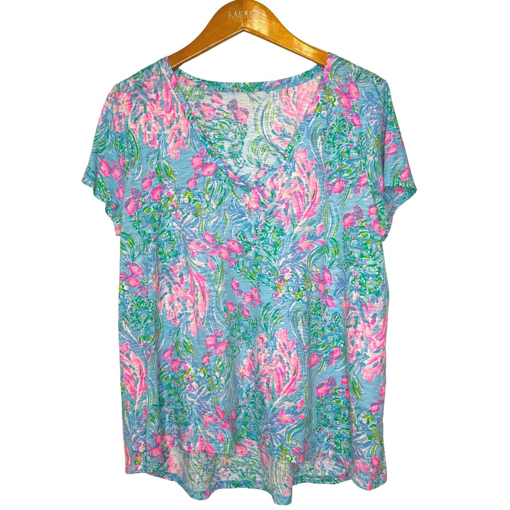 Lilly Pulitzer Etta Short Sleeve V-Neck Top XL Blue/Pink